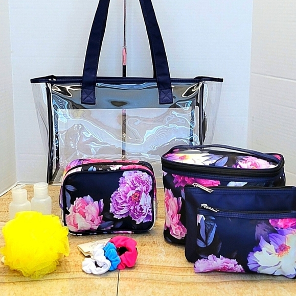 MODELLO Large 12-Piece Pink Floral Travel Cosmetic Tote Bag - NWOT - Picture 7 of 13